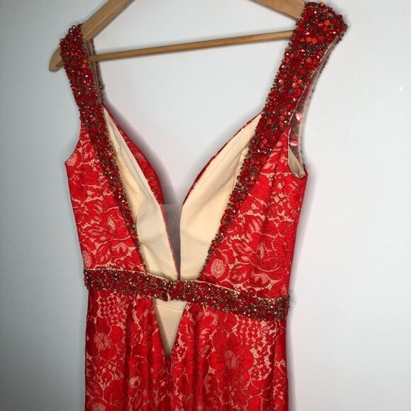 Fengye Loman Red Beaded Lace Floor Length  Prom Dress 8 - Picture 6 of 12